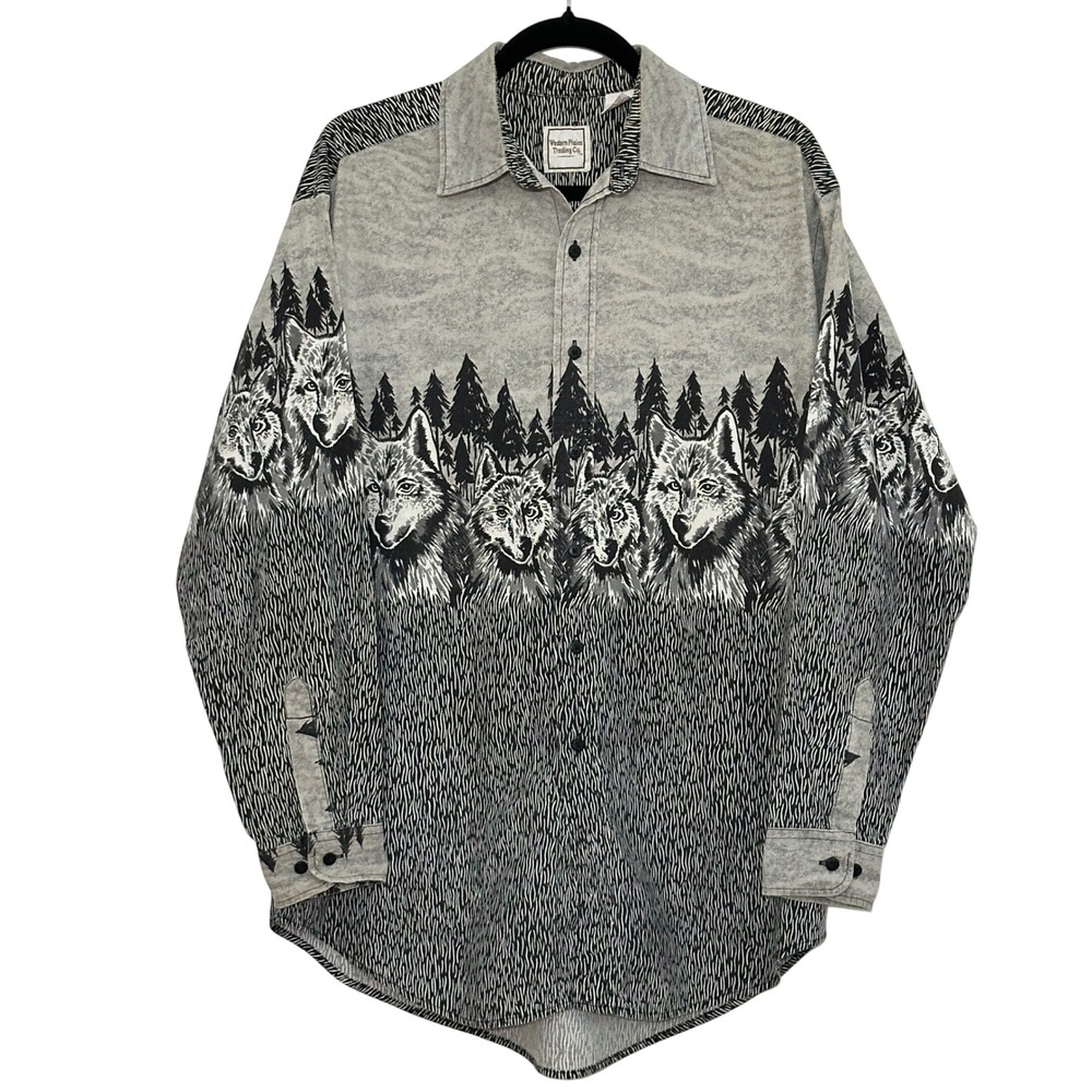 Vintage Western Plains Mens Shirt L Wolf Pack Graphic Shirt Gray Black Western